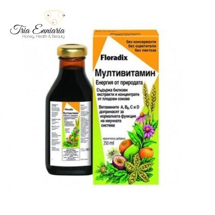 Multivitamin, Kräuterextrakte und Fruchtsäfte, Floradix, 250 ml.